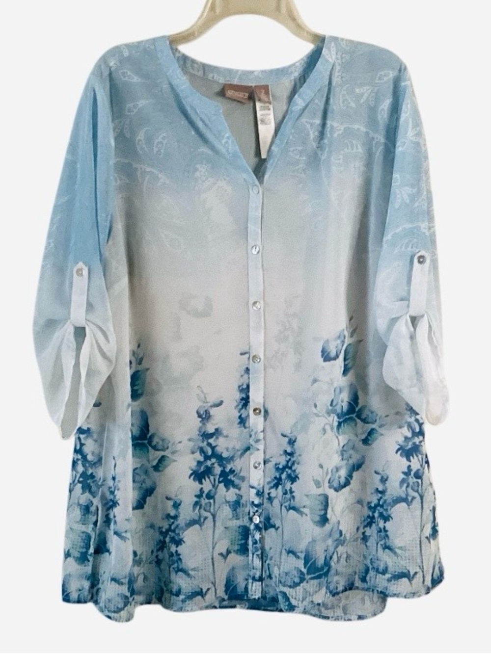 Chico's Chiffon Paisley & Floral Roll Tab Tunic Large